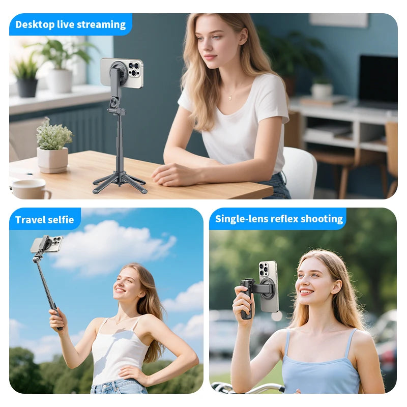 Magnetic Phone Holder 360° Rotation Pocket Selfie Stick Tripod with Bluetooth Remote Adjustable Desktop Stand for Live Streaming