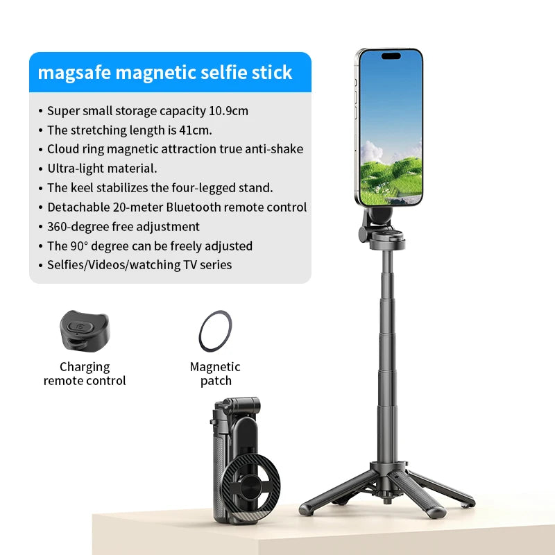 Magnetic Phone Holder 360° Rotation Pocket Selfie Stick Tripod with Bluetooth Remote Adjustable Desktop Stand for Live Streaming